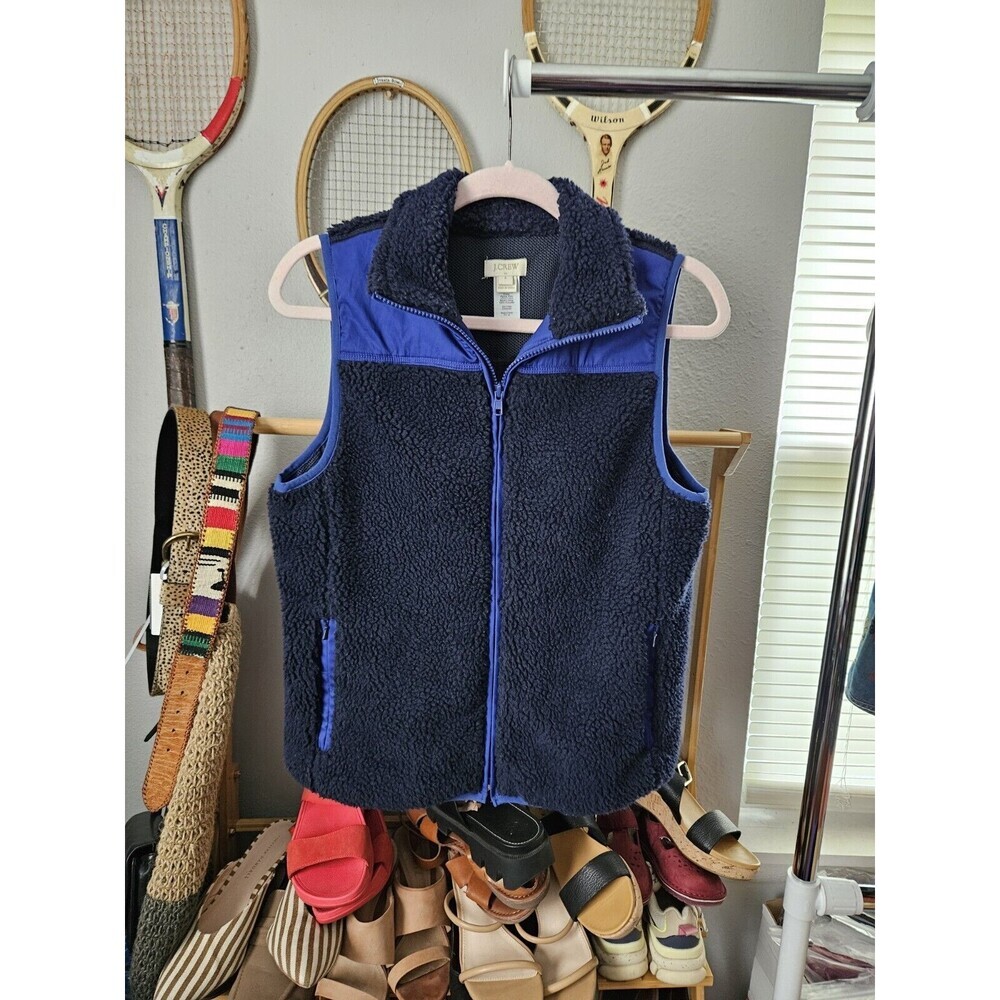 J.CREW Factory Women's Navy Blue Polar Fleece Full-Zip Shearling Vest S Fuzzy